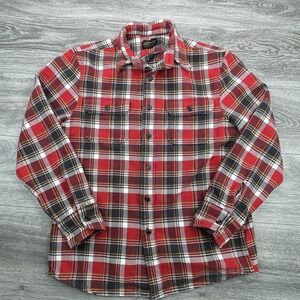 LL Bean Shirt Mens Medium Red Black Plaid Double Pocket Flannel Cotton Camping